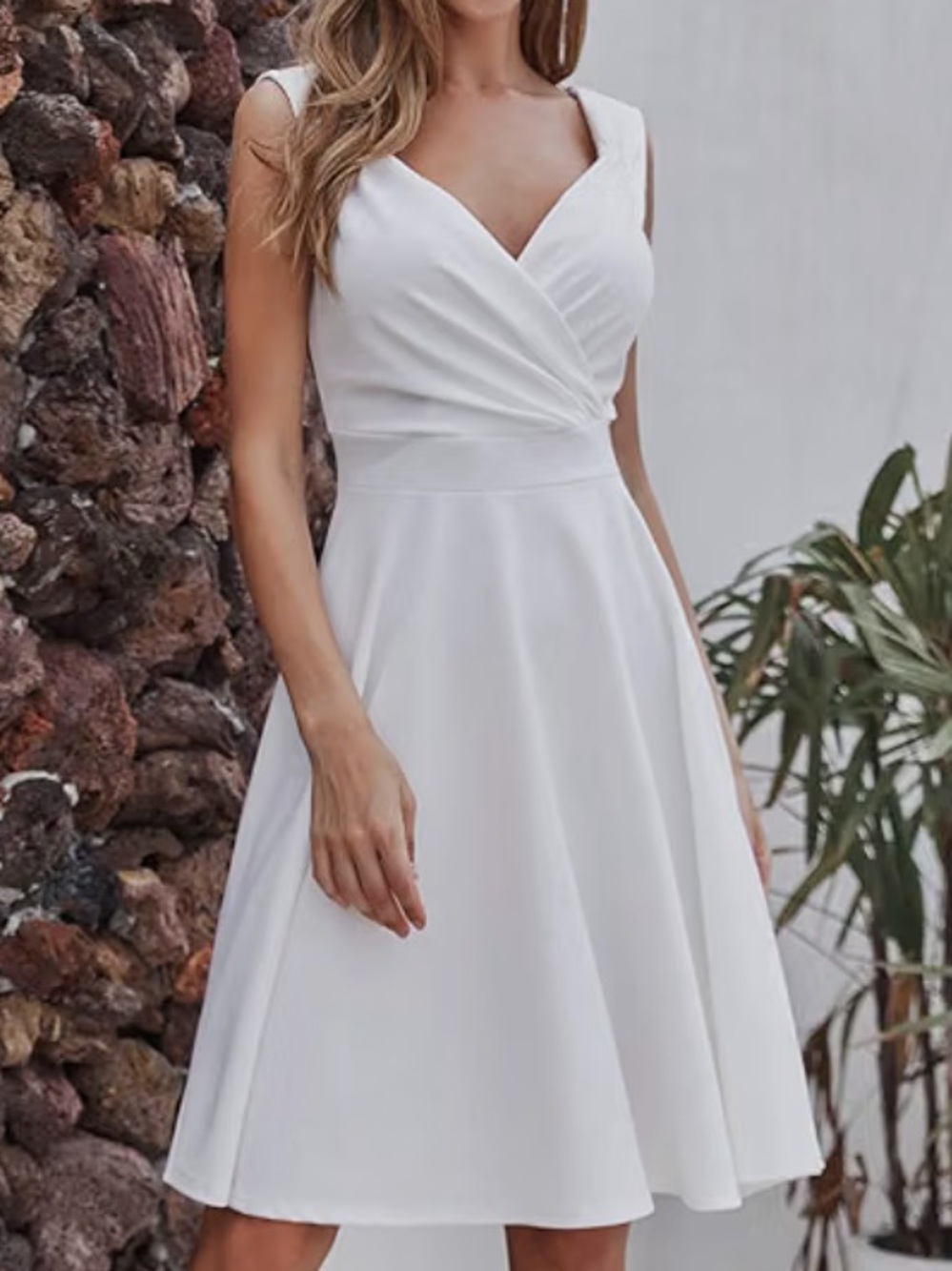 Sleeveless White Fit & Flare Dress with V-Neck